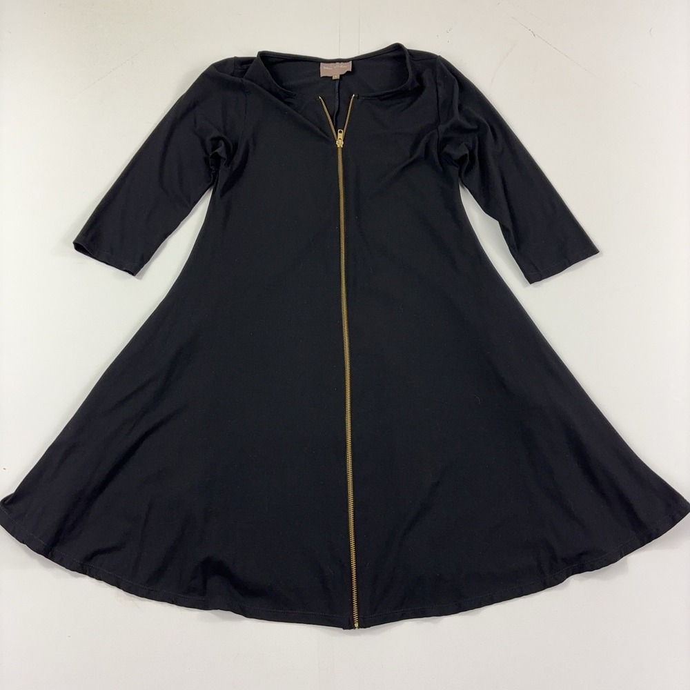 Bel Kazan Dress Womens Large Black Zip Front 3/4 Sleeve Swing Jersey Casual